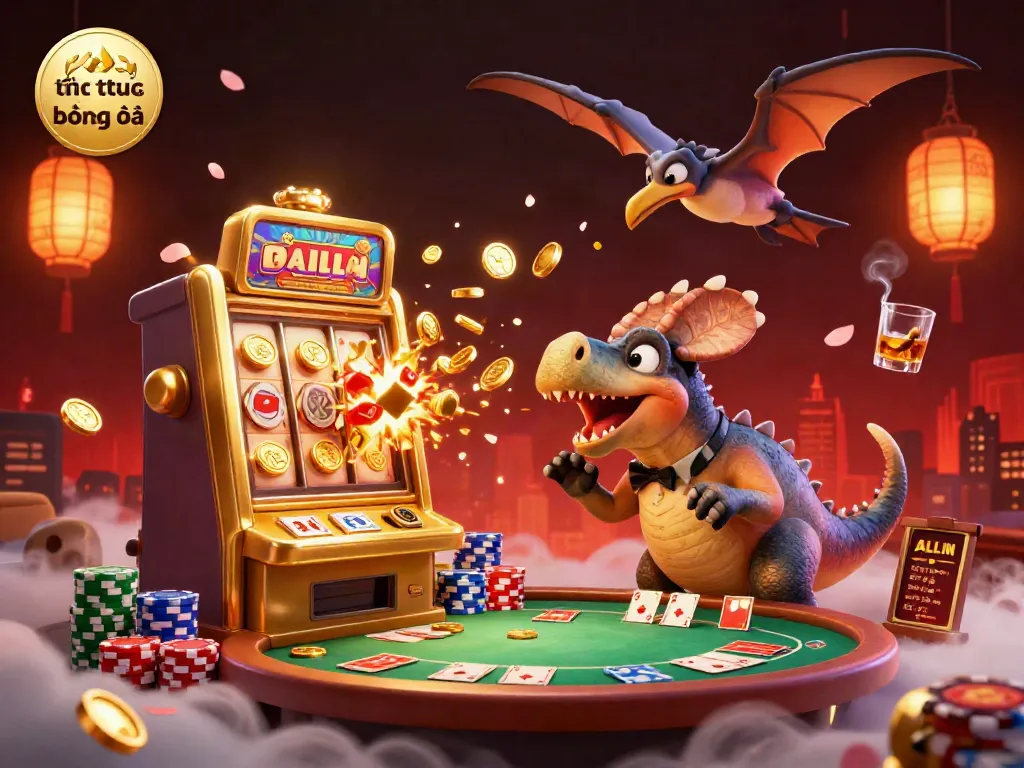 Get the latest tin tức kèo bóng đá with a playful pachycephalosaurus celebrating a jackpot payout in a vibrant casino scene.