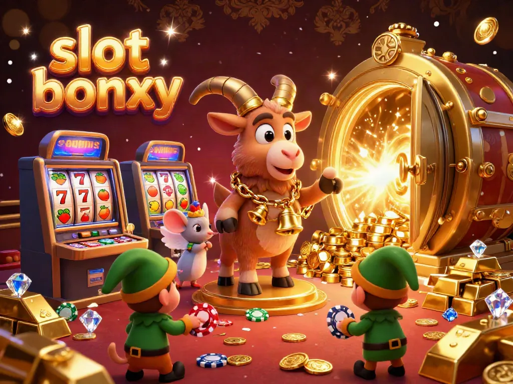Experience the excitement of a casino with slot bonus scenes featuring whimsical characters, gold treasures, and festive elements.
