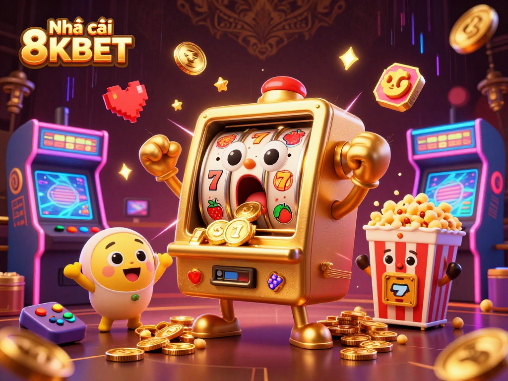 Engage with Nhà cái 8KBET as golden slot machines hit jackpots, surrounded by colorful gaming elements.