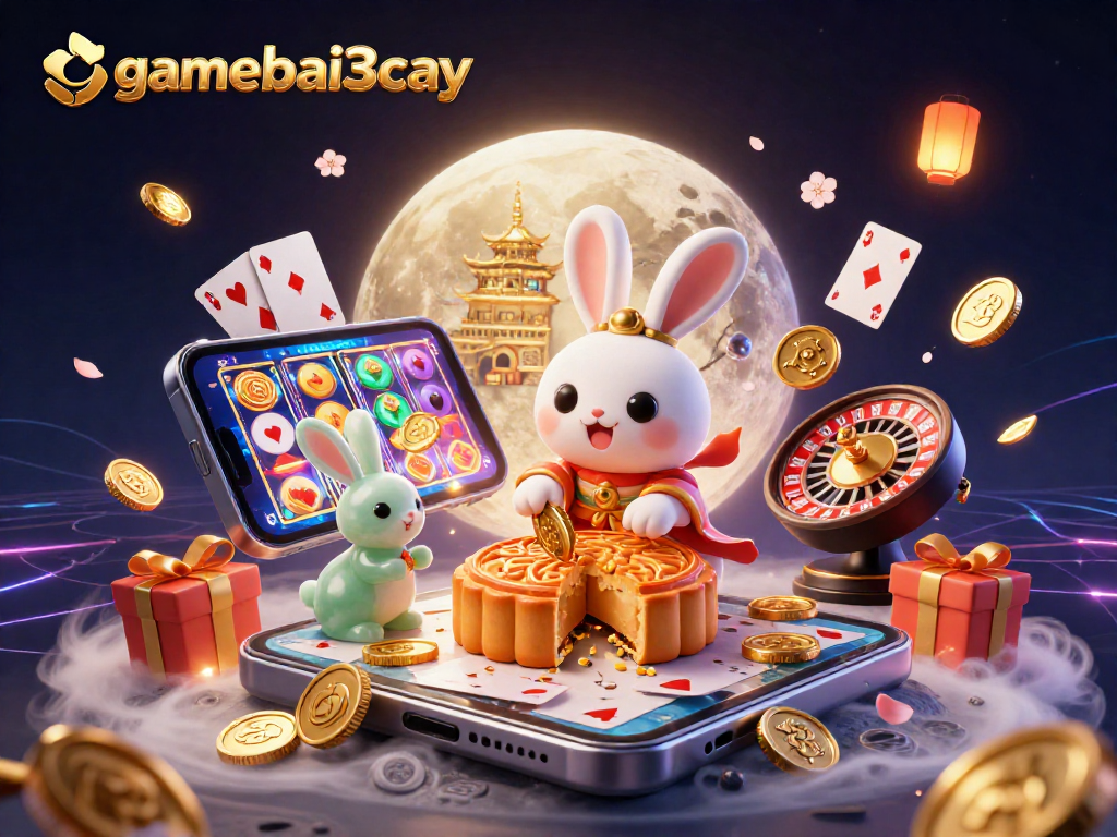 Engage with gamebai3cay as the moon rabbit reveals poker chips in a dynamic casino scene.