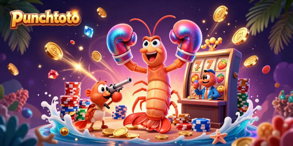 puncaktoto menampilkan udang mantis 3D dengan sarung tangan tinju, dimainkan di latar kasino gemerlap