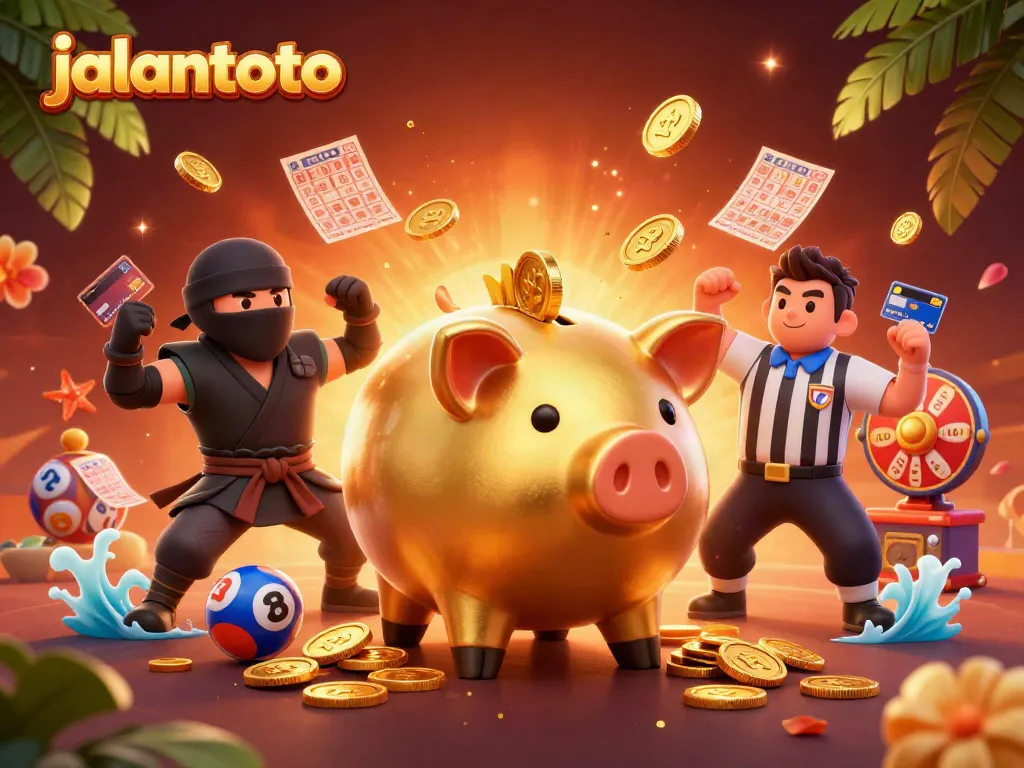 Pemain merayakan kemenangan di jalantoto dengan balok lotere dan kartu bingo yang muncul dan menari.