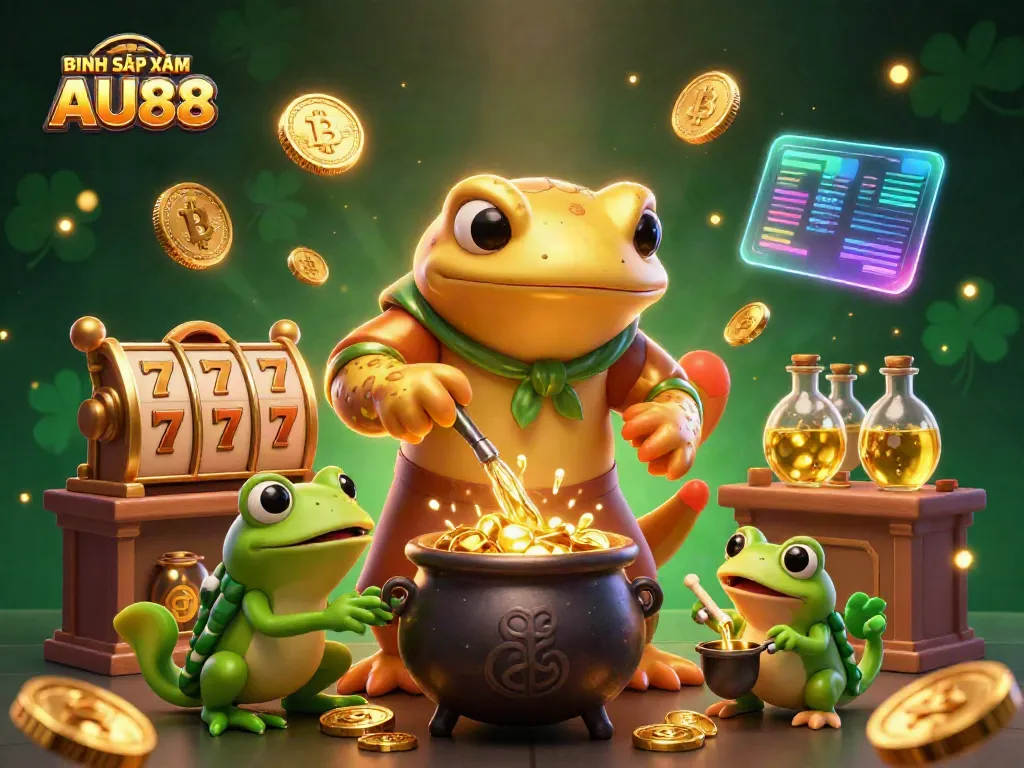 Experience BINH SẬP XÁM AU88 with alchemical characters transmuting coins in a vibrant casino scene.