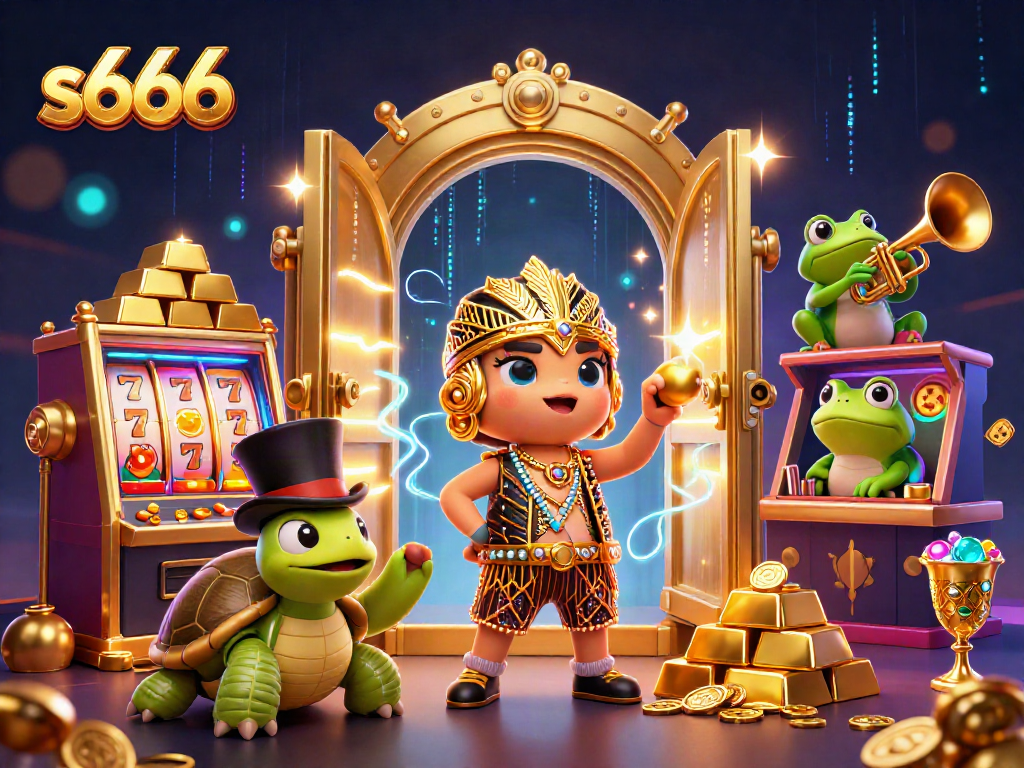 Join the fun at s666 with an exciting 3D casino scene featuring colorful slots and playful characters!