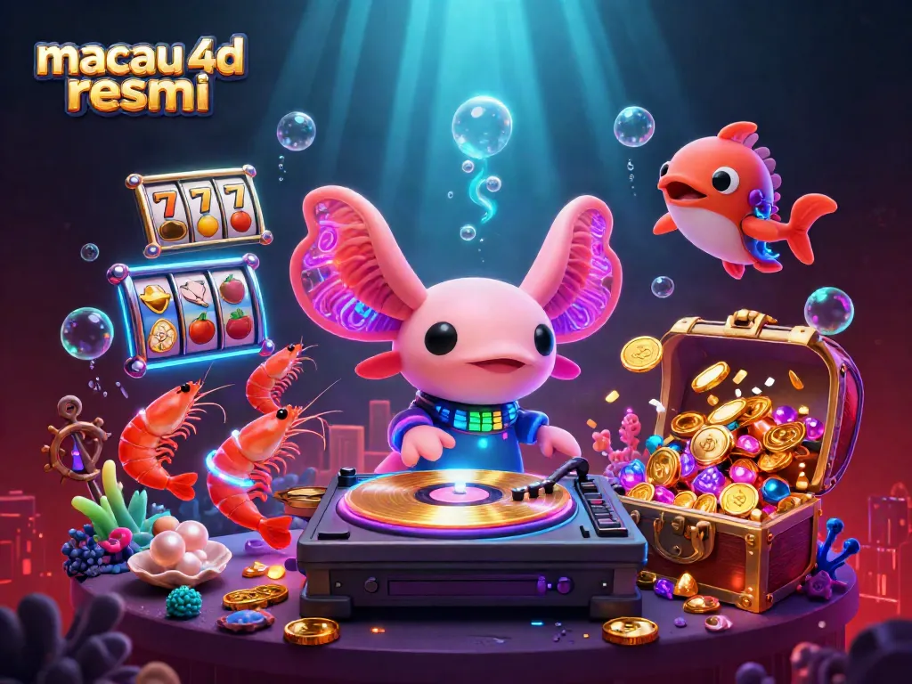 Permainan slot menyenangkan di macau 4d resmi dengan DJ axolotl neon dan hiasan laut.