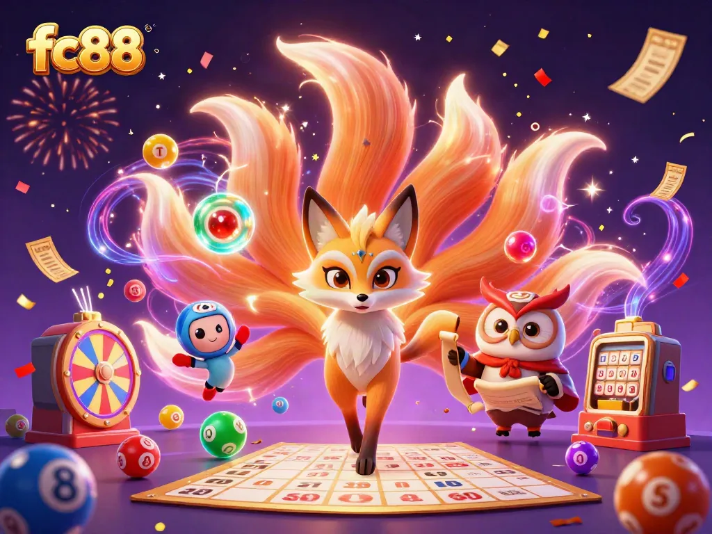 Engage with fc88's vibrant gaming atmosphere featuring a colorful scene of a nine-tailed fox spirit and an owl sage surrounded by lottery and casino elements.