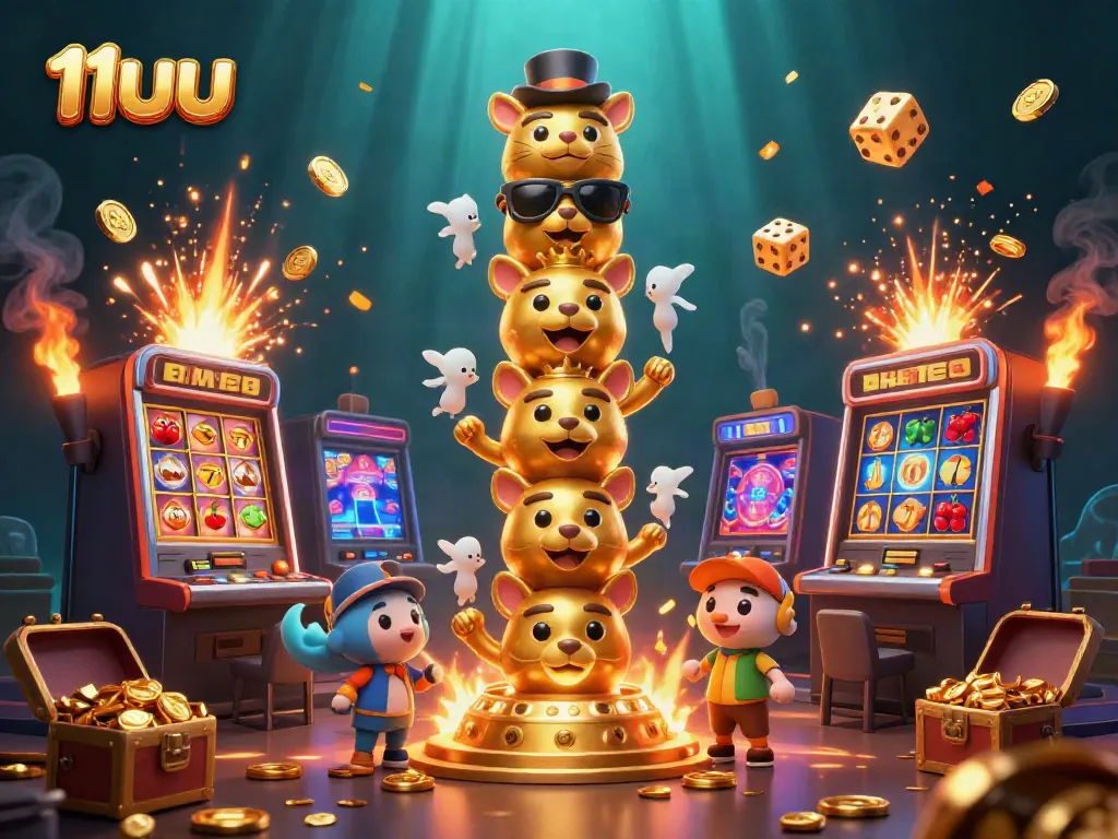 Engage with 11uu's vibrant casino atmosphere featuring dynamic slot machines and golden totems.