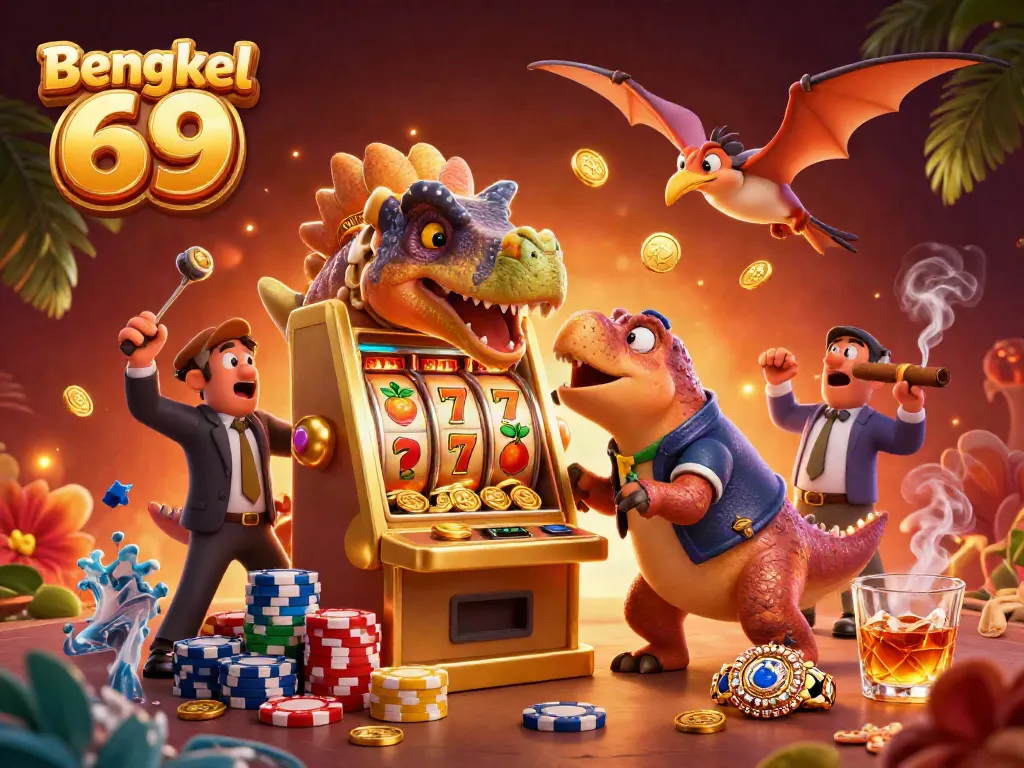 Bengkel 69 brings excitement as a dinosaur hits the jackpot at a casino, capturing winning moments.