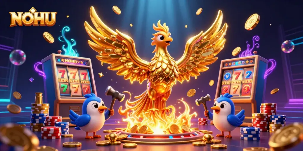 NOHU showcases a fiery golden phoenix emerging from molten metal, surrounded by cascading coins in a vibrant casino atmosphere.