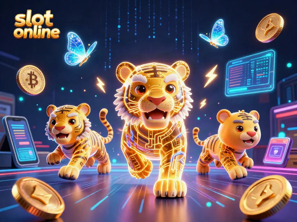Memainkan slot online dengan jackpot dari D59 di latar kasino digital yang futuristik.