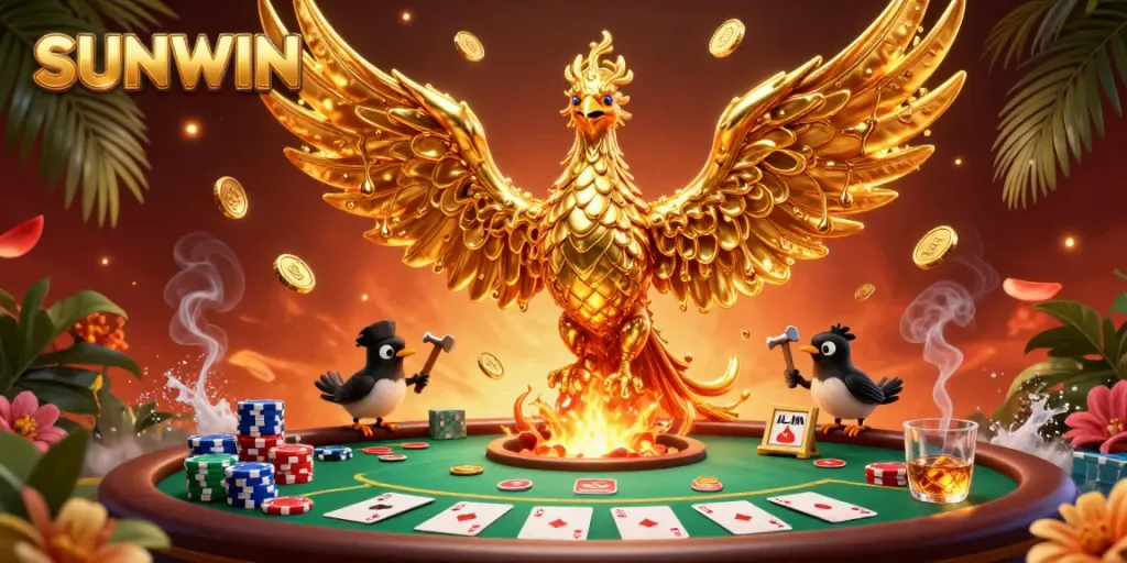 SUNWIN celebrates a golden phoenix emerging from a forge, surrounded by poker elements and vibrant colors, showcasing the excitement of online gaming.