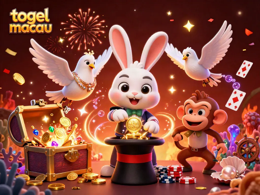 Engage in togel macau delights with a vibrant 3D scene featuring a magician rabbit, dazzling dove, and cheeky monkey.
