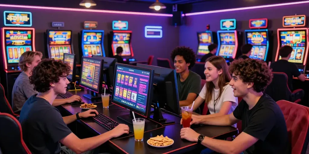 Friends enjoying thrilling slot gacor hari ini experience in vibrant gaming lounge with neon lights.