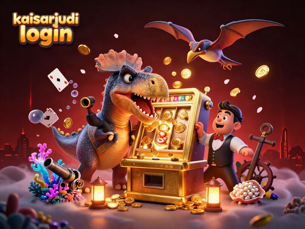 Exciting kaisarjudi login scene with cartoon dinosaurs celebrating jackpot wins in a dynamic casino setting.
