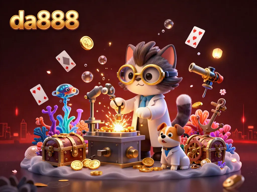 Experience the thrill of da888 as a mad scientist cat creates gold coins with explosions of treasure around.