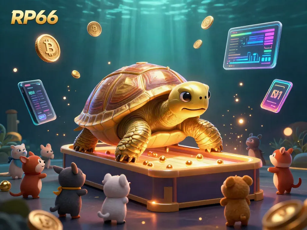 Engage with the lively RP66 slot gaming scene featuring a golden tortoise pinball machine and crypto coins.