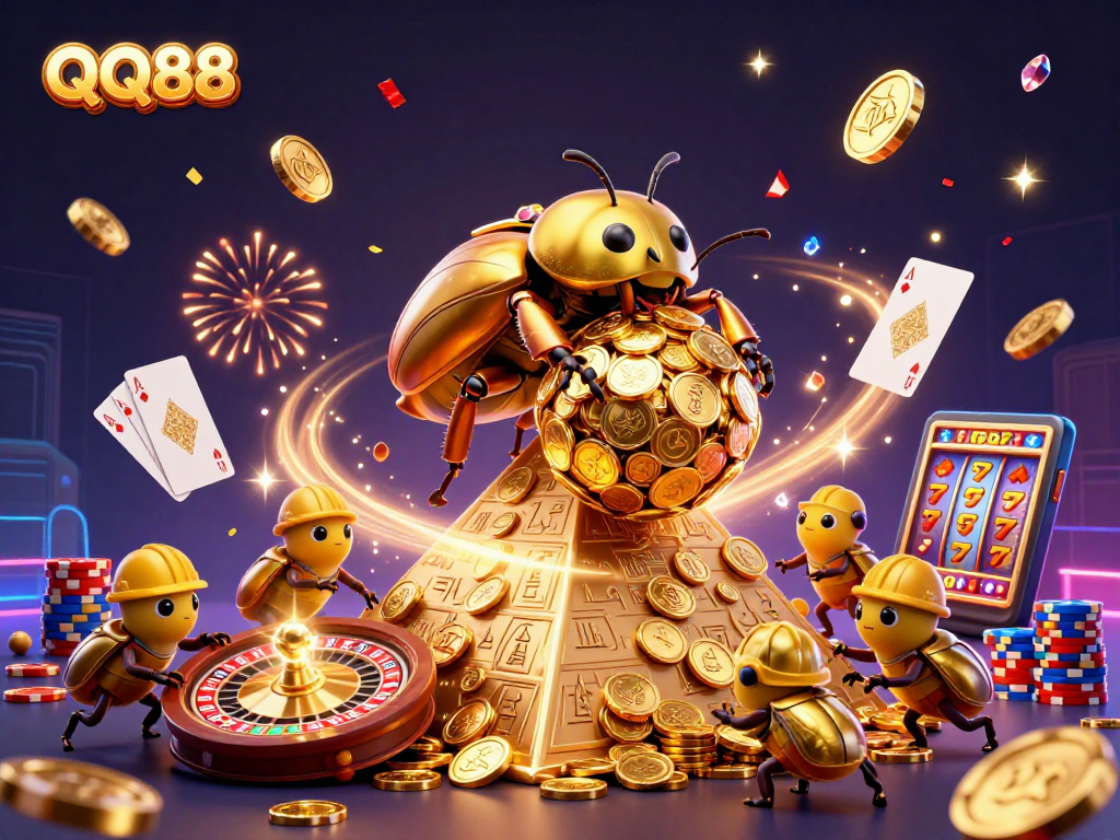 Experience thrilling QQ88 gaming adventures as cartoon beetles roll golden coins in a vibrant casino setting.