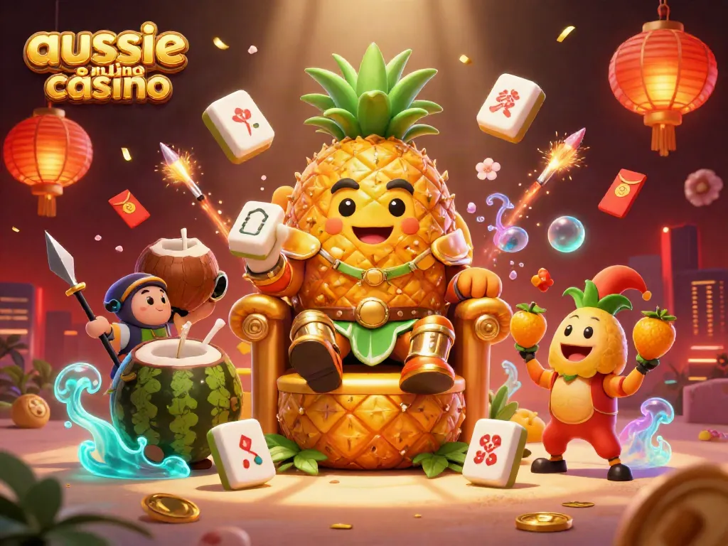 Aussie online casino scene featuring a golden pineapple king and tropical characters amid vibrant slot-themed items.