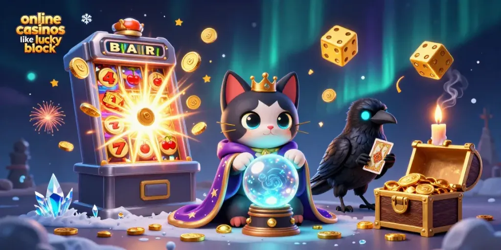 Engage with online casinos like Lucky Block through a vibrant 3D illustration of mystical gaming elements.