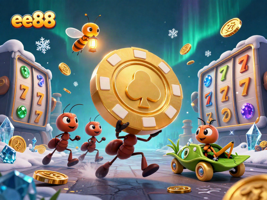 EE88 showcases animated ant heist action with a giant poker chip and vibrant slot game elements.