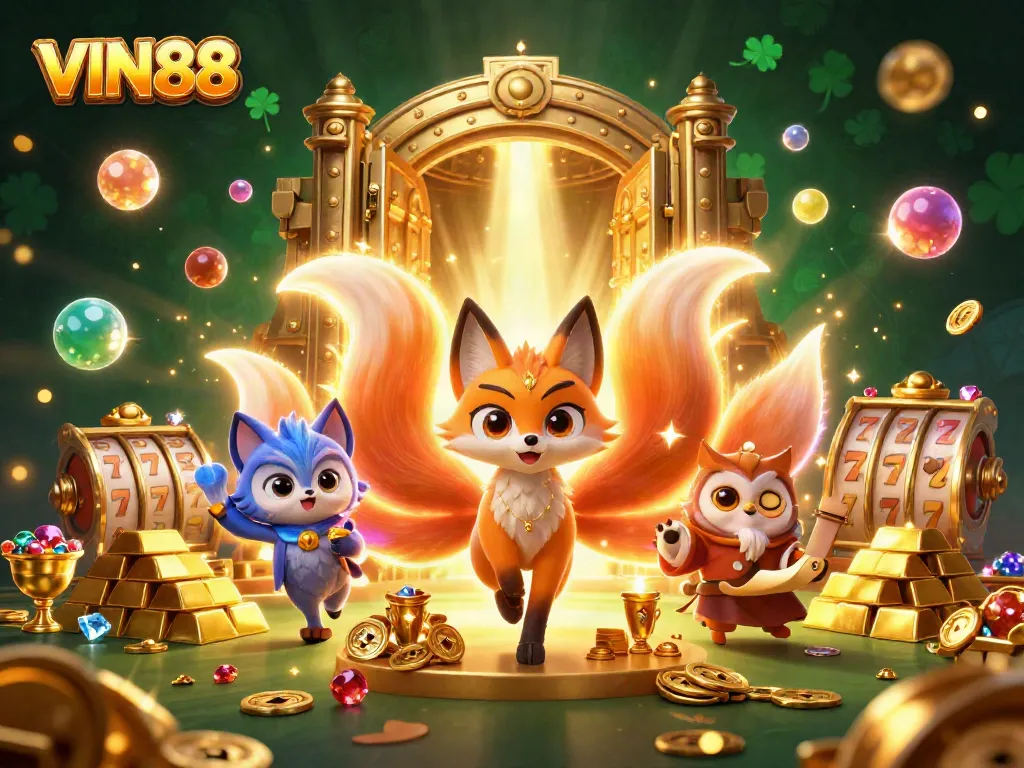 Engage with thrilling slots and vibrant jackpots at VIN88, showcasing an enchanting fox spirit.