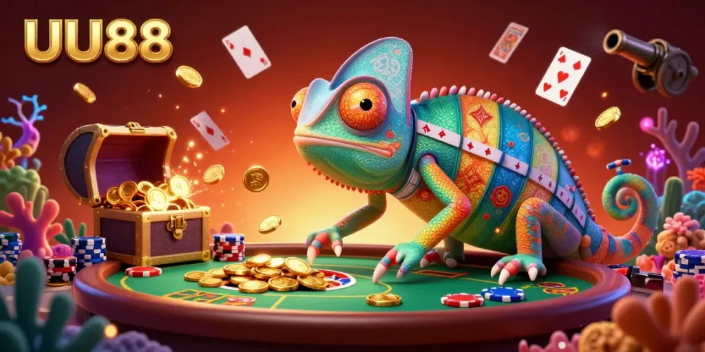 Experience thrilling gameplay at UU88 with a vibrant 3D scene showcasing a dynamic chameleon casino owner surrounded by rich casino elements.
