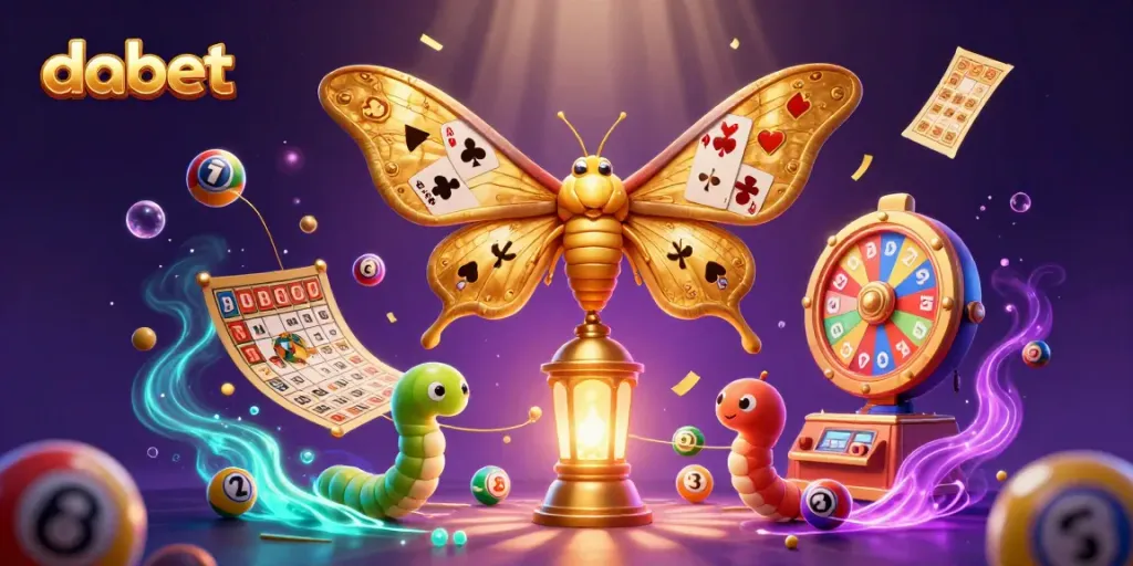 Dabet players enjoying dynamic casino games with vibrant elements like lottery balls and golden tickets.