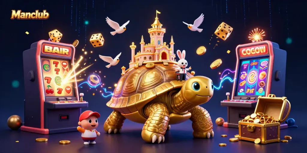Experience thrilling gameplay at Manclub with a golden tortoise casino and dynamic card dealer scene.