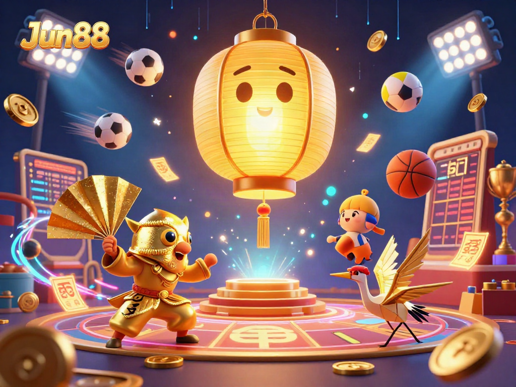 Experience the vibrant Jun88 casino world featuring golden lantern spirits and dynamic sports elements in 3D.