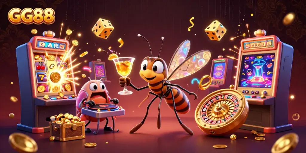 Experience GG88's thrilling casino atmosphere with vibrant slot machines and richly detailed characters.