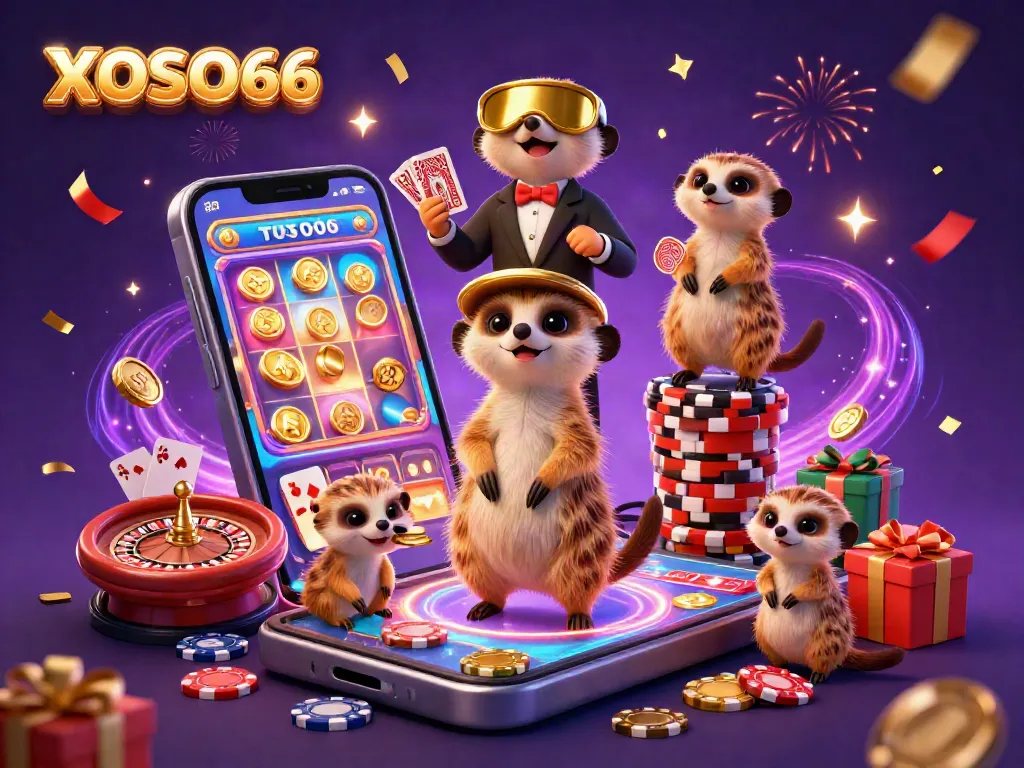 XOSO66 meerkats running a vibrant online casino with colorful gaming elements and festive decor.