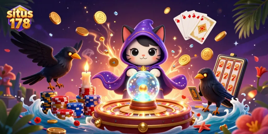 Menghasilkan keberuntungan situs 178 melalui ilustrasi 3D dengan karakter kucing mistik dan elemen kasino.