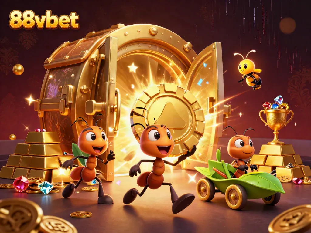 Experience the thrilling heist of 88vbet with ants carrying a giant poker chip amidst treasure!