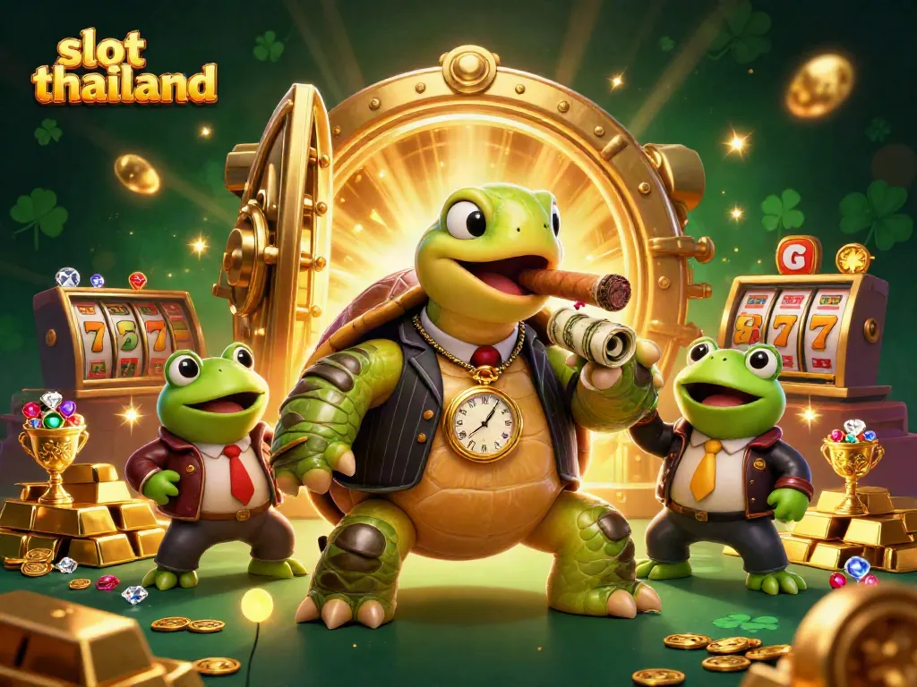 Spin exciting slot thailand reels featuring a turtle mobster and bullfrog enforcers amidst dazzling treasures.