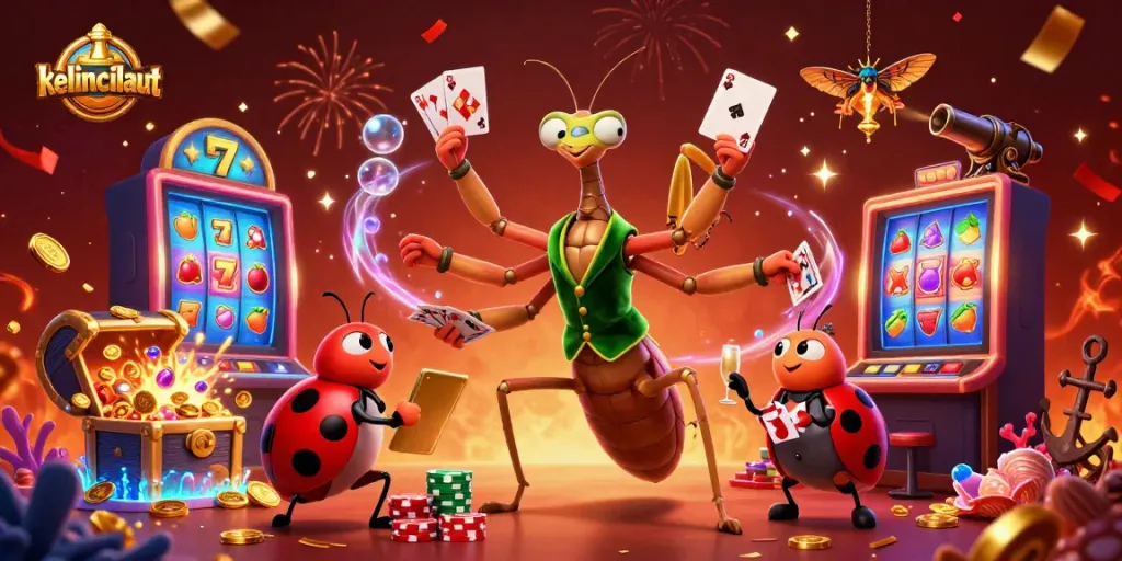 Experience exciting wins with kelincilaut as cartoon characters celebrate in a lively casino scene.