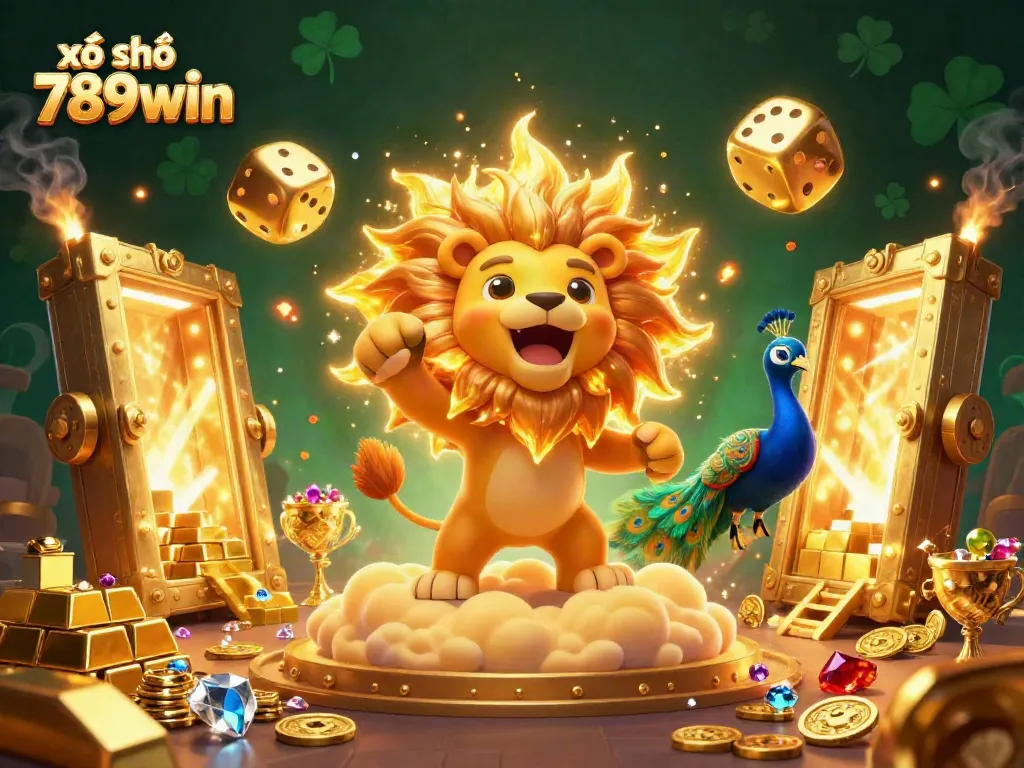Experience the thrill of xổ số 789win with dynamic gaming elements and golden treasures surrounding a majestic lion.