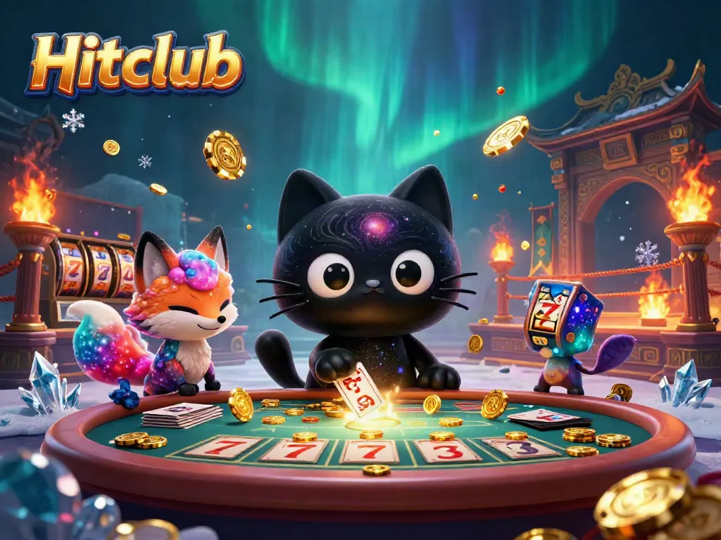 Experience the cosmic charm of Hitclub with a playful black hole cat at a casino table.