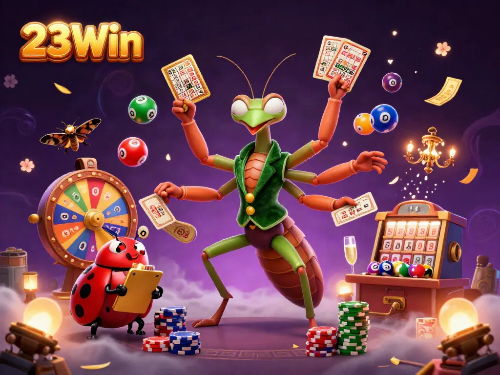 Engage in thrilling play at 23Win with vibrant lottery balls and festive casino elements.