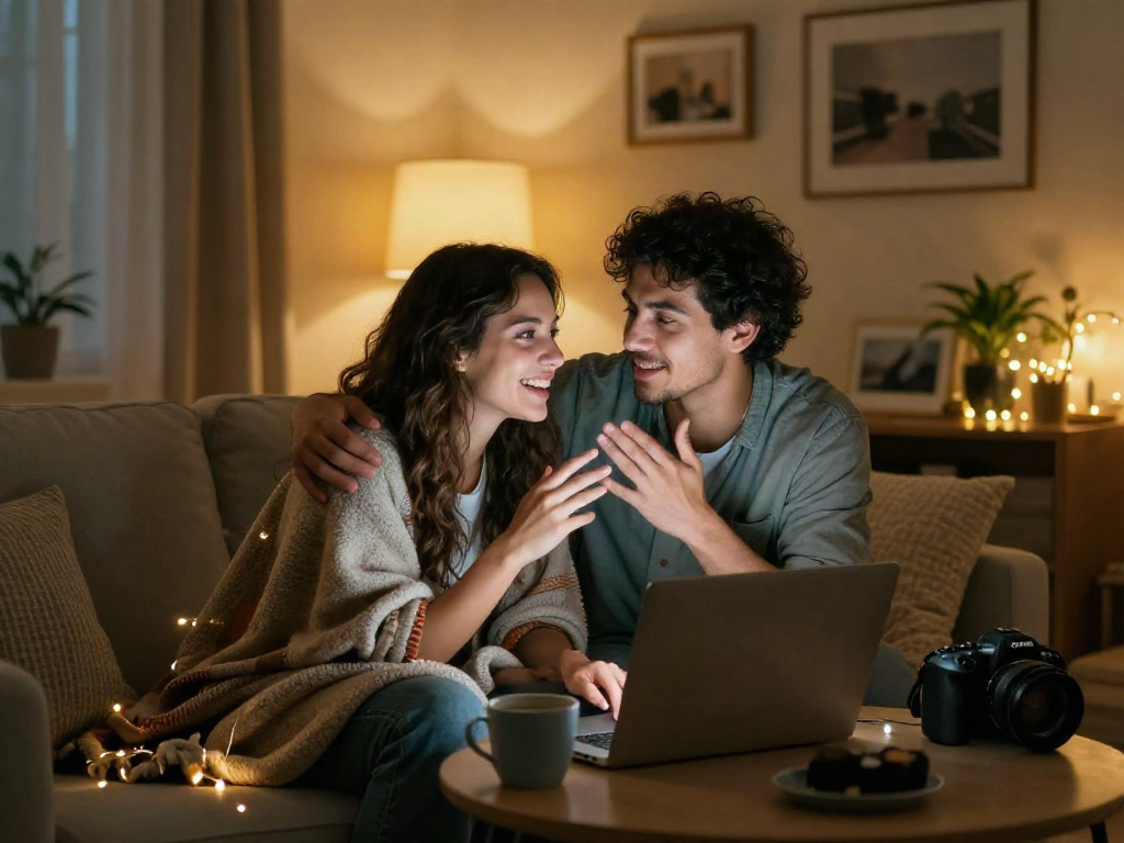 A couple enjoying a sex AI chat in a cozy setting with playful interaction.