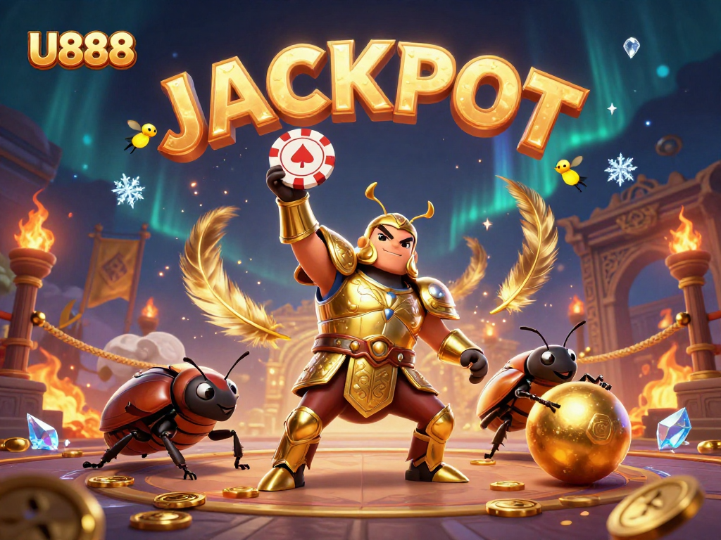 Experience excitement at U888 with a hero beetle celebrating a jackpot amid rich casino motifs.