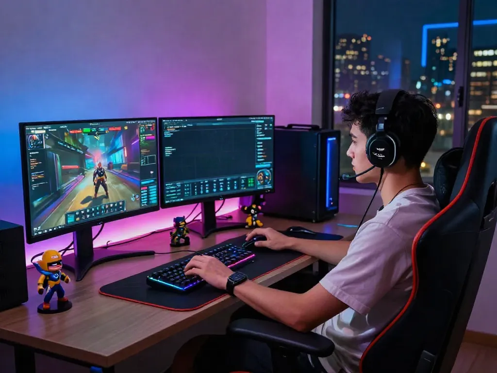 Immersive gameplay scene showcasing a player engaging with Batman138 platform on multiple screens with gaming peripherals.