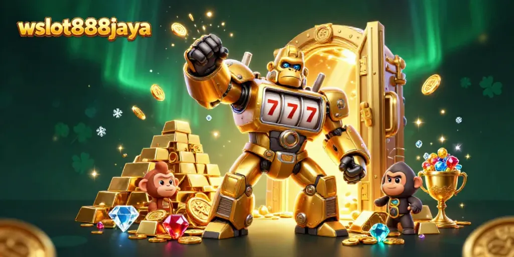 Gorila emas mech wslot888jaya beraksi dengan mesin slot dan berlian bersinar.