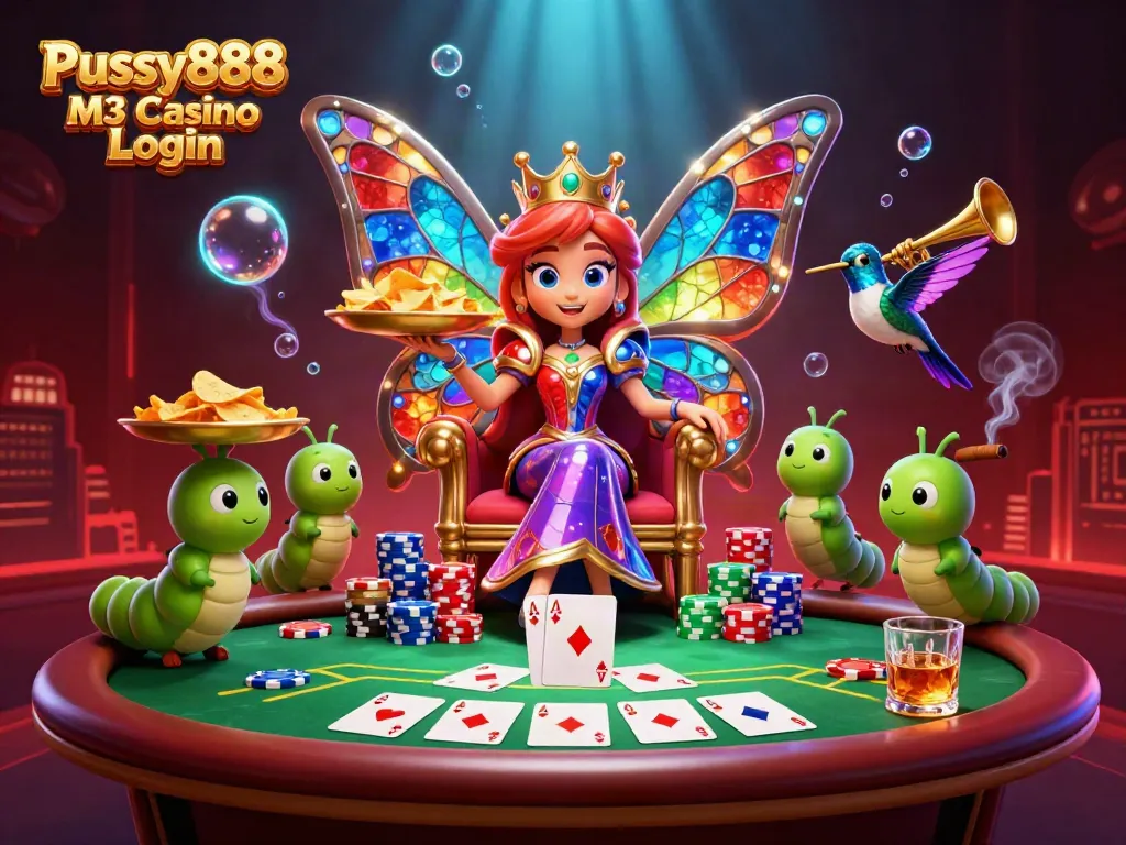 Pussy888 M3 Casino Login image showcasing a vibrant, fantasy-themed casino scene with a butterfly queen and poker elements.