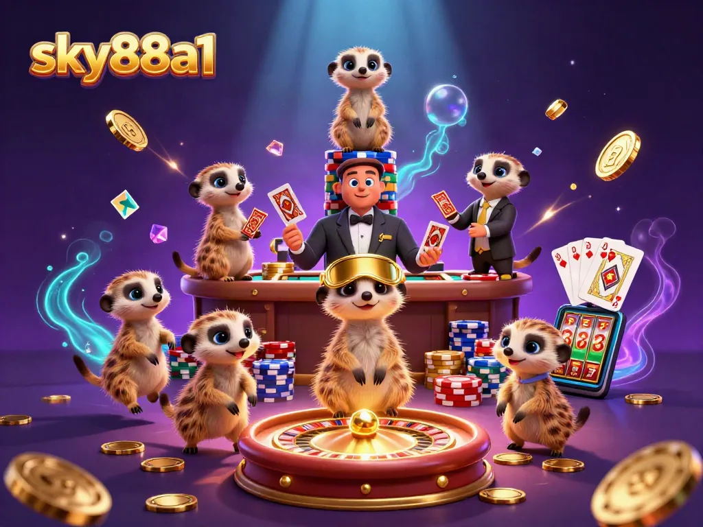 Experience excitement at sky88a1's casino with meerkats dealing cards, spinning roulette, and sneaking chips.