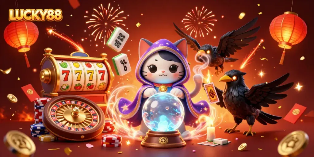 Experience LUCKY88's vibrant casino atmosphere with exciting slot reels and animated characters.