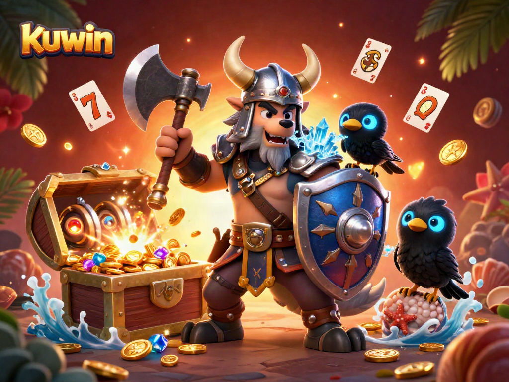 Kuwin's vibrant casino scene with a Viking wolf warrior, fierce dragon, and glowing raven amidst gold coins and lucky symbols.