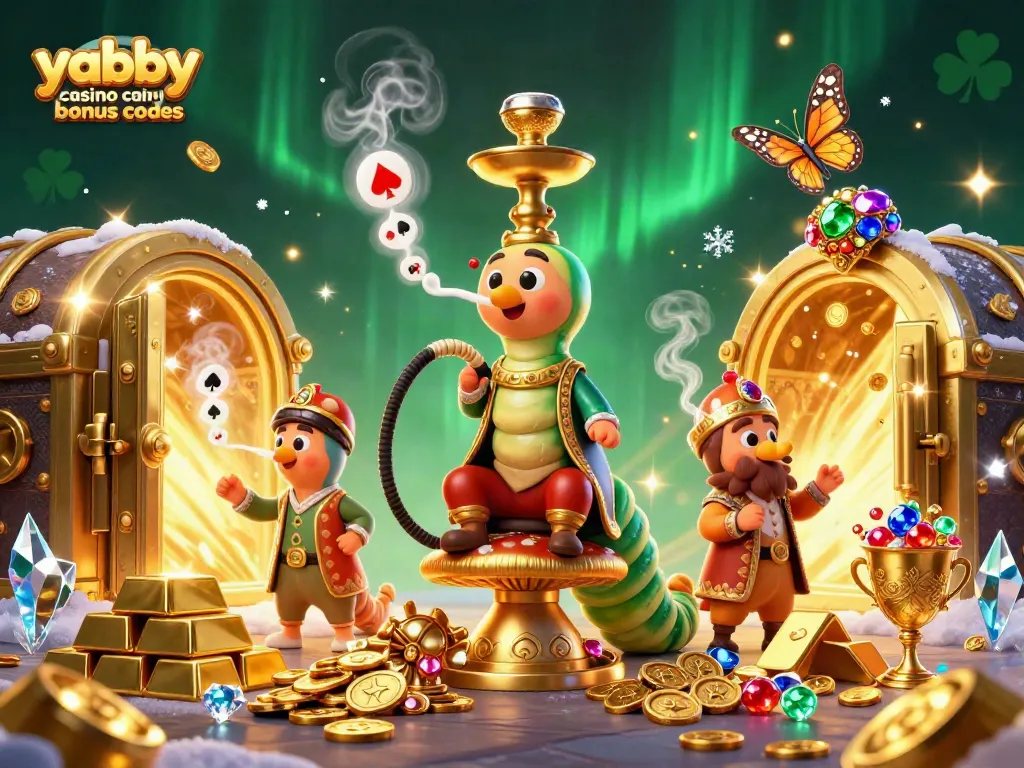 Engage with exciting yabby casino bonus codes in a vibrant 3D treasure scene with colorful casino elements.
