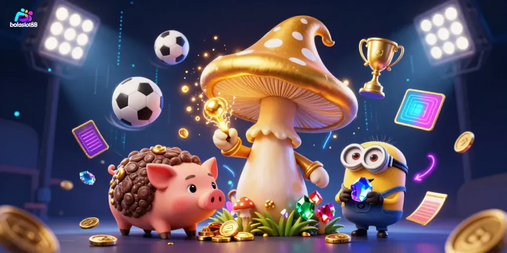 Bolaslot88 captures players with a magical golden wizard and sports-themed excitement in a vibrant casino scene.
