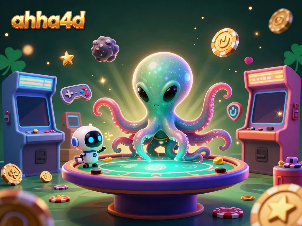 Engage in thrilling gameplay at ahha4d with an otherworldly twist featuring an alien octopus and robot at a poker table.