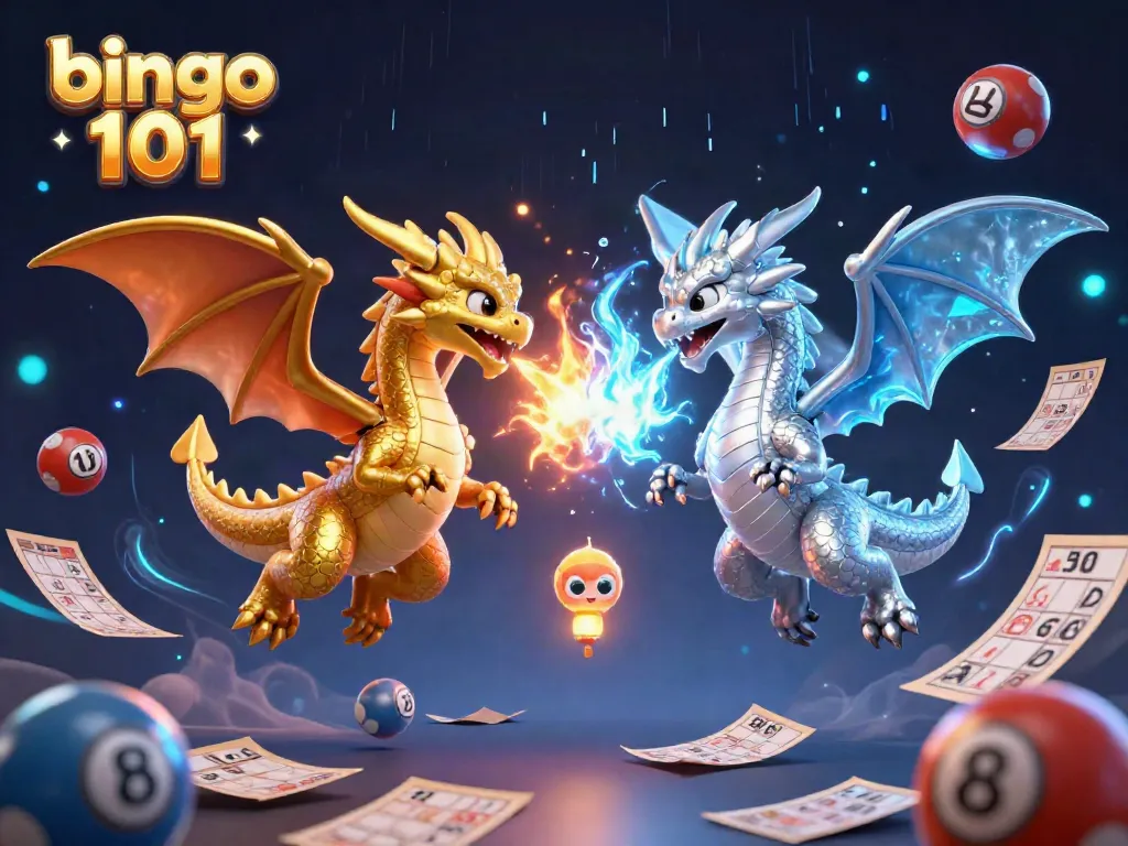 Experience thrilling gameplay with bingo 101 as twin cartoon dragons create a magical atmosphere surrounded by bingo elements.